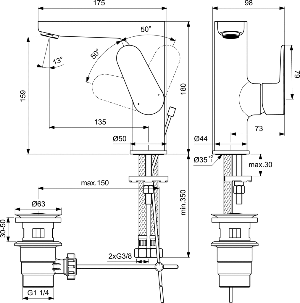 Μπαταρία νιπτήρος με λαβή στο πλάι Ideal Standard Cerafine O BC497